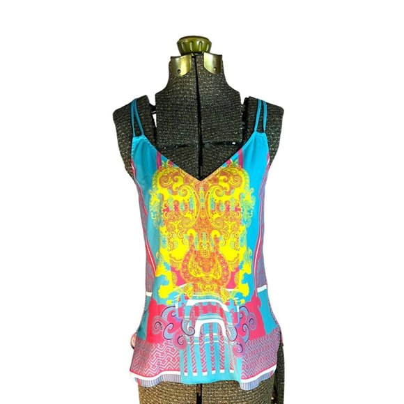 Hale Bob Top Womens Size XS Tank Top Blue Pink V-Neck - Picture 2 of 8